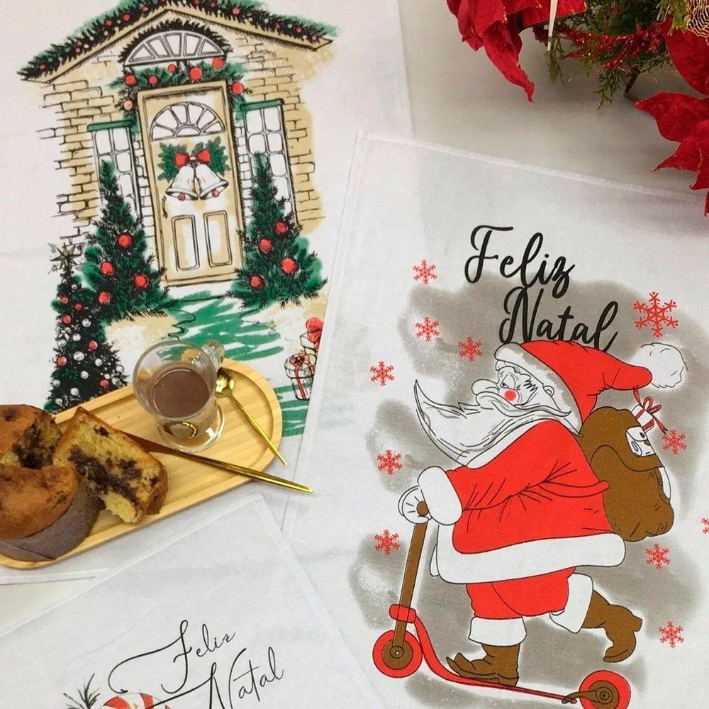 Kit 8 Unidades Pano De Prato Copa Kazzavip Sacaria 90% Algodão Natal 50cmx70cm Estampado Branco - 8