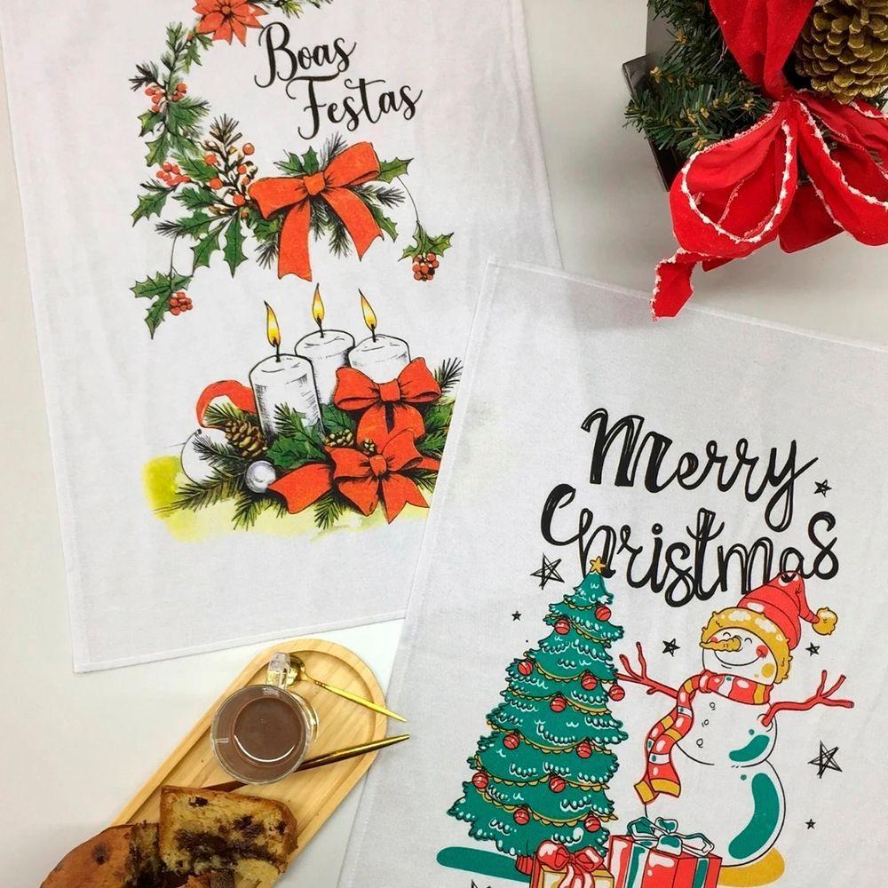 Kit 9 Unidades Pano De Prato Copa Kazzavip Sacaria 90% Algodão Natal 50cmx70cm Estampado Branco - 8