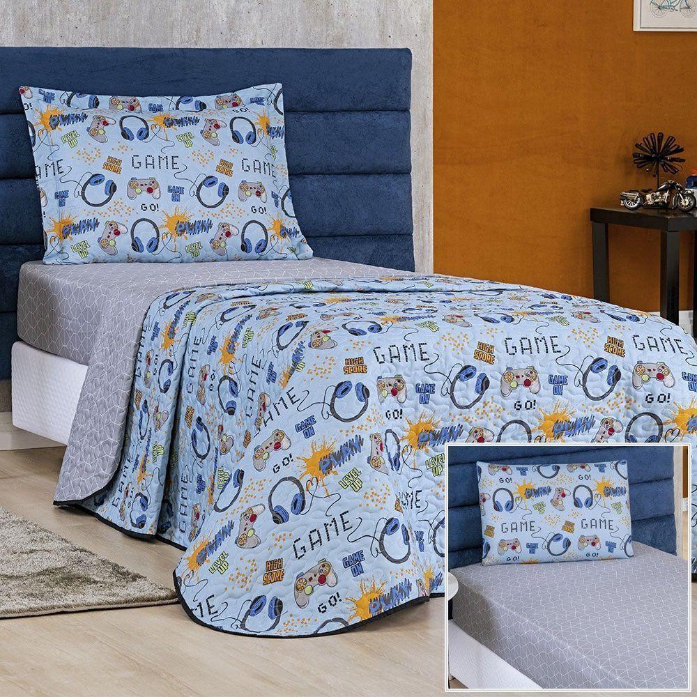 Enxoval Kit Colcha + Jogo De Cama Lençol Bouti Solteiro Infantil Kids 4 Peças 100% Poliéster - Game - 1