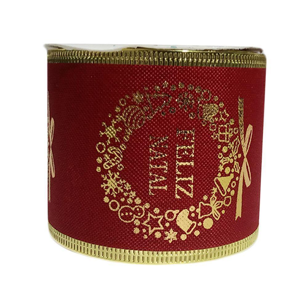 Fita Aramada De Natal Vermelha Feliz Natal - 6,3cm X 2,7m - 1