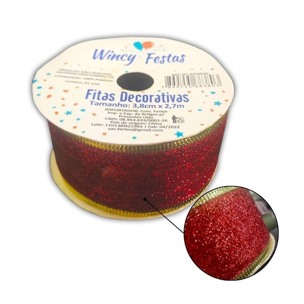 Fita Aramada De Natal Vermelha Glitter - 3,8cm X 2,7m - 2