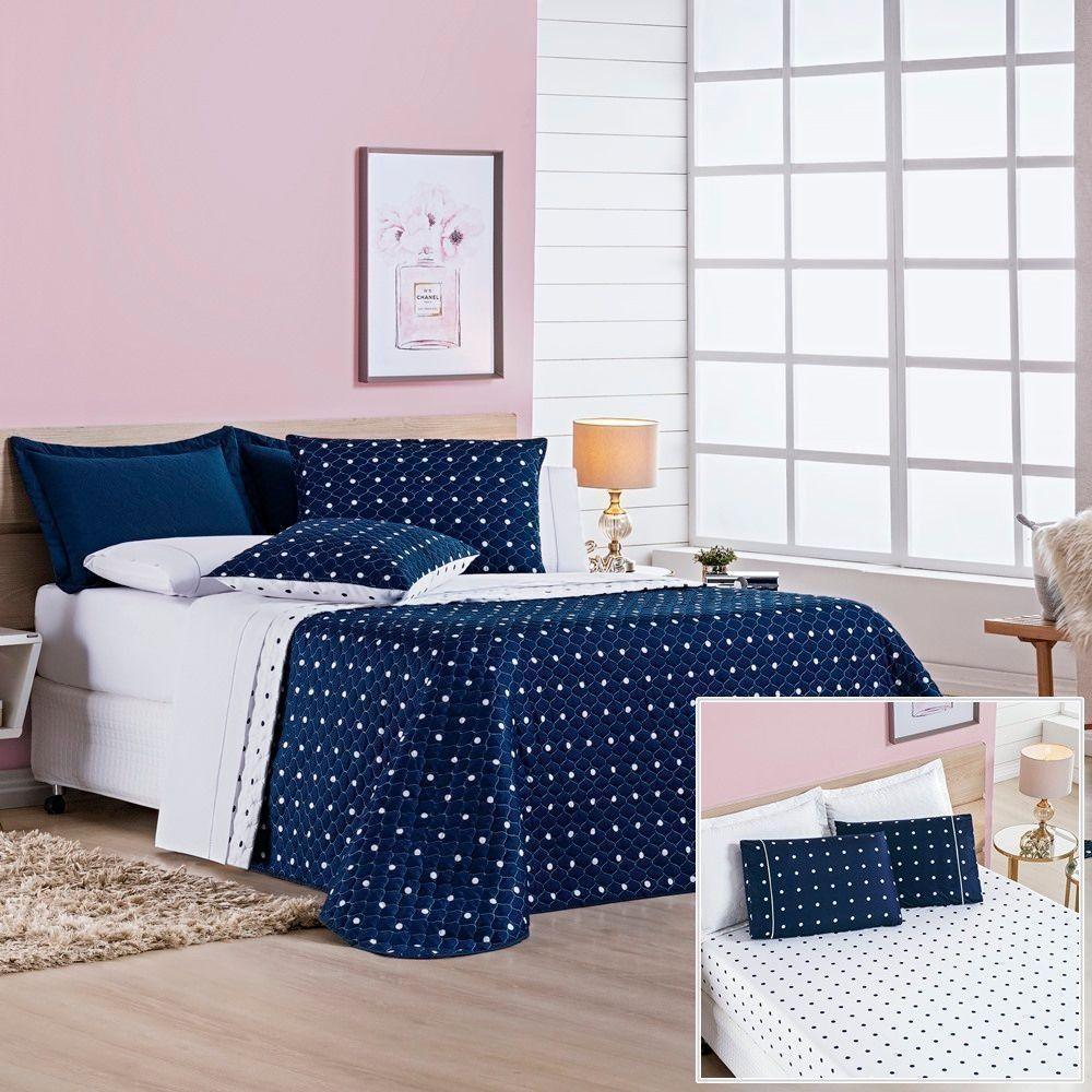 Cobre Leito + Jogo De Cama 200 Fios Petit Poá King 06 Peças 100% Poliéster - Marinho - 1