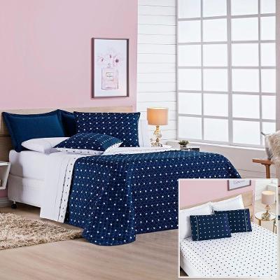 Cobre Leito + Jogo De Cama 200 Fios Petit Poá King 06 Peças 100% Poliéster - Marinho