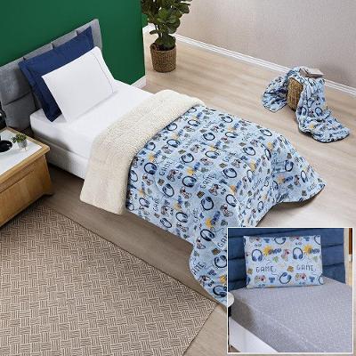 Kit Coberdrom + Jogo De Cama Bouti Kids Solteiro 03 Peças 100% Poliéster - Game