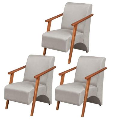 Kit 3 Poltronas Venus 1 Lugar Braço Madeira Maciça Tecido Suede Unidecor Bege