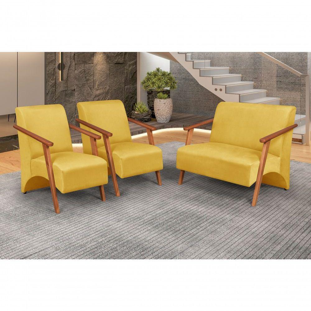 Conjunto Venus Braços Em Madeira Maciça 1 Namoradeira 2 Poltronas Suede Unidecor Amarelo - 4