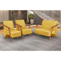 Conjunto Venus Braços Em Madeira Maciça 1 Namoradeira 2 Poltronas Suede Unidecor Amarelo - 4