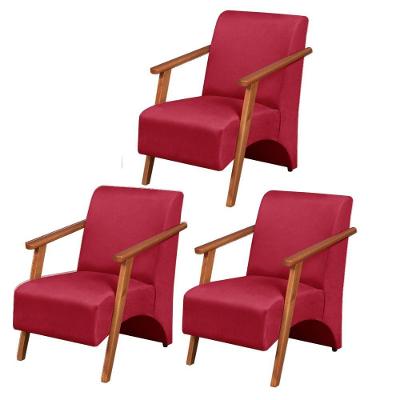 Kit 3 Poltronas Venus 1 Lugar Braço Madeira Maciça Tecido Suede Unidecor Vermelho