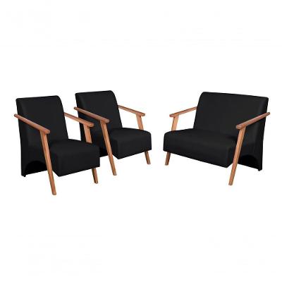 Conjunto Venus Braços Em Madeira Maciça 1 Namoradeira 2 Poltronas Courino Preto