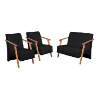 Conjunto Venus Braços Em Madeira Maciça 1 Namoradeira 2 Poltronas Courino Preto - 1