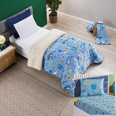 Kit Coberdrom + Jogo De Cama Bouti Kids Solteiro 03 Peças 100% Poliéster - Astronauta