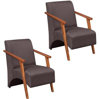 Kit 2 Poltronas Venus 1 Lugar Braço Madeira Maciça Tecido Suede Marrom Unidecor