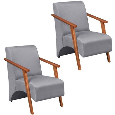 Kit 2 Poltrona Venus 1 Lugar Braço Madeira Maciça Tecido Suede Unidecor Cinza