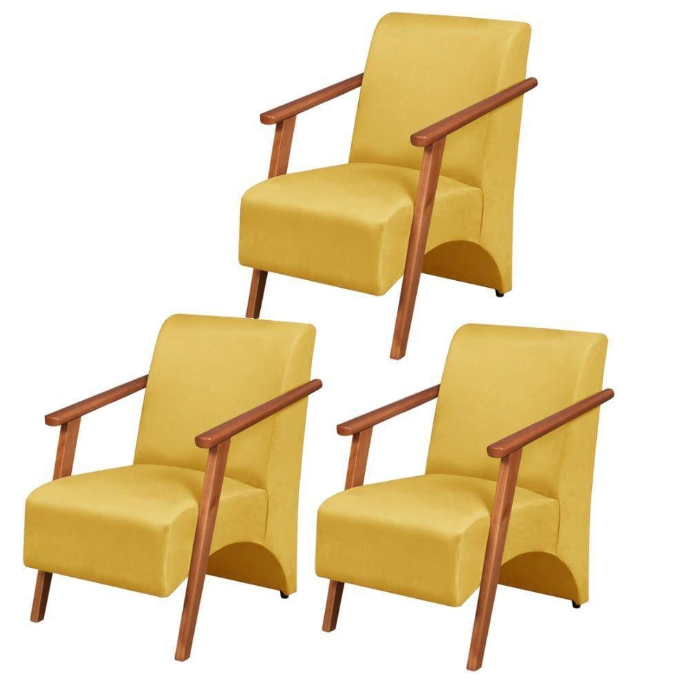 Kit 3 Poltronas Venus 1 Lugar Braço Madeira Maciça Tecido Suede Unidecor Amarelo - 1