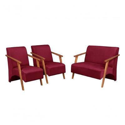 Conjunto Venus Braços Em Madeira Maciça 1 Namoradeira 2 Poltronas Suede Unidecor Bordô