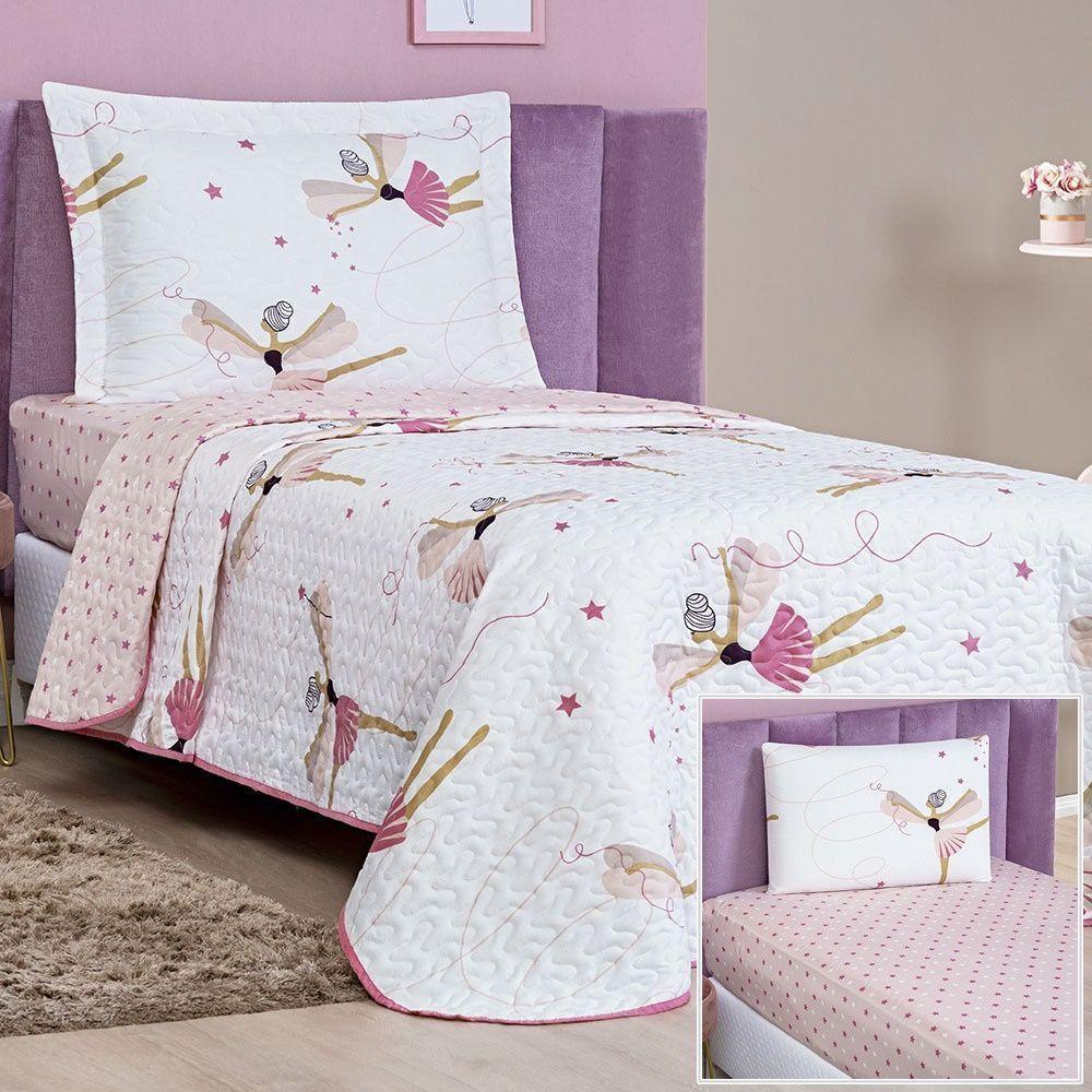 Enxoval Kit Colcha + Jogo De Cama Lençol Bouti Solteiro Infantil Kids 4 Peças 100% Poliéster - Bailarina - 1