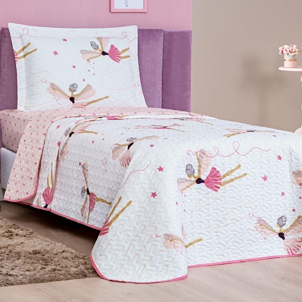 Enxoval Kit Colcha + Jogo De Cama Lençol Bouti Solteiro Infantil Kids 4 Peças 100% Poliéster - Bailarina - 4