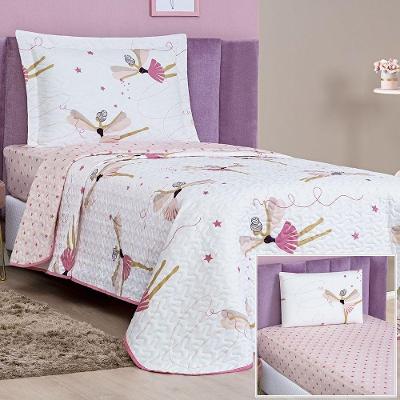 Enxoval Kit Colcha + Jogo De Cama Lençol Bouti Solteiro Infantil Kids 4 Peças 100% Poliéster - Bailarina