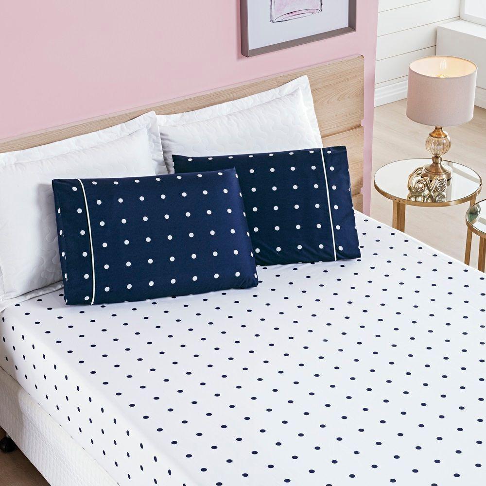 Cobre Leito + Jogo De Cama 200 Fios Petit Poá Queen 06 Peças 100% Poliéster - Marinho - 2