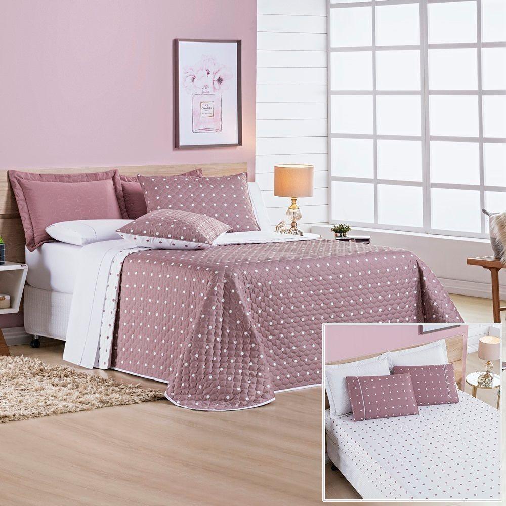 Cobre Leito + Jogo De Cama 200 Fios Petit Poá Solteiro 04 Peças 100% Poliéster - Rose - 1