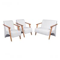 Conjunto Venus Braços Em Madeira Maciça 1 Namoradeira 2 Poltronas Courino Branco - 1