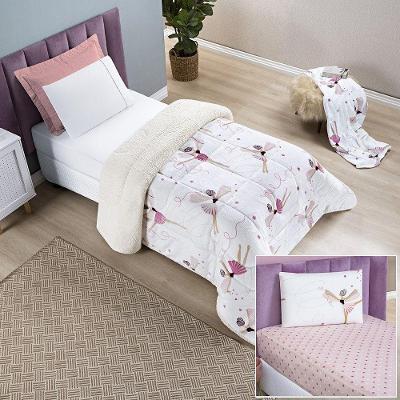 Kit Coberdrom + Jogo De Cama Bouti Kids Solteiro 03 Peças 100% Poliéster - Bailarina