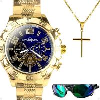 Relogio Masculino Prova Dagua Banhado + Cordao + Oculos Sol Inoxidavel Religioso Azul Catolico Verde - 1