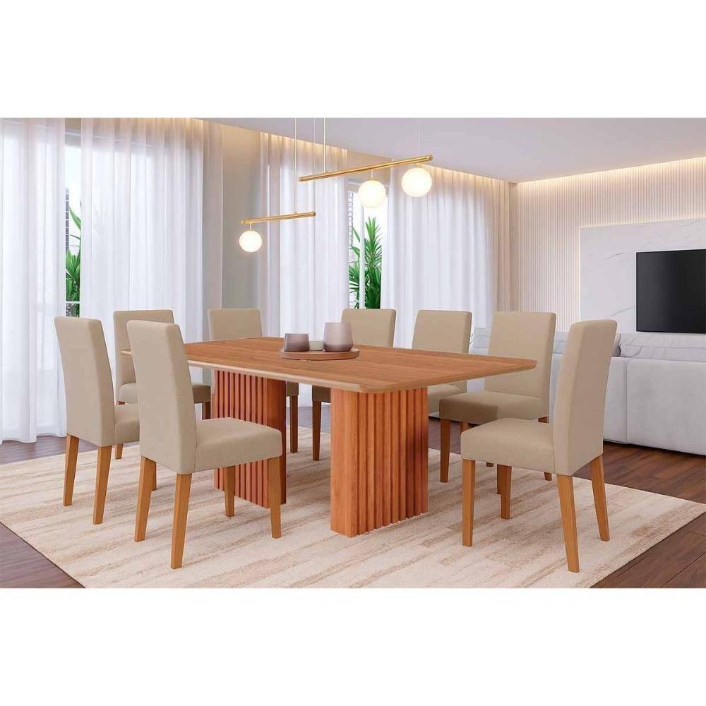 Sala De Jantar Completa Ester Tampo Madeirado 210x100cm E 8 Cadeiras Maia Cinamomo - Nature/suede Gengibre Bege - Cimol - 1