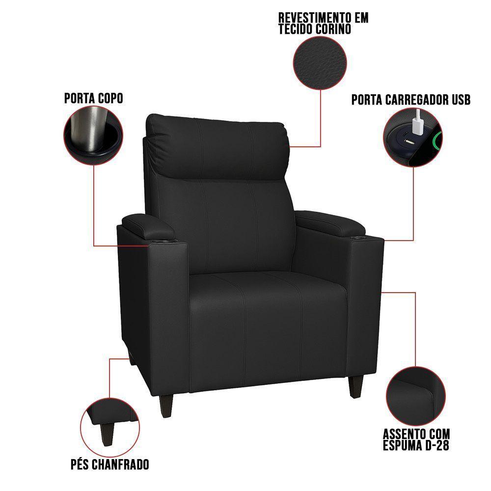 Poltrona Do Papai Com Puff Usb E Porta Copos Ravella Sintético R04 - D'rossi Cor Preto - 3