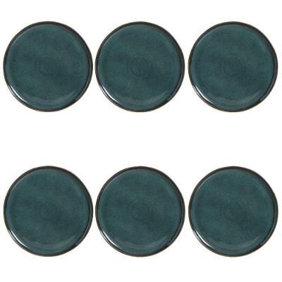 Conjunto de Pratos Rasos Bio Oceano 6 Peças Cerâmica Redondo Verde Petróleo e Marrom Porto Brasil