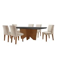 Sala De Jantar Mesa Evora Canto Reto Com 6 Cadeiras Grecia Rufato Veludo Creme Grafite E Imbuia - 1