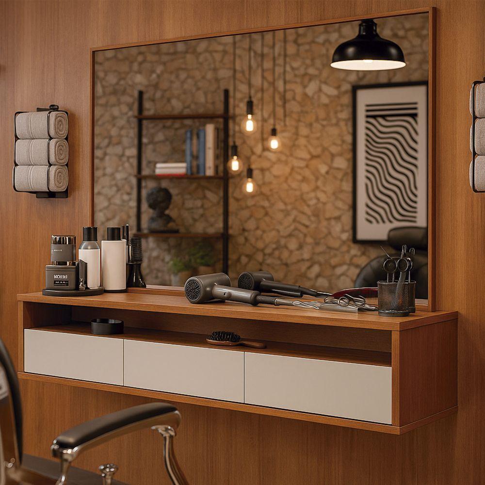 Bancada Suspensa Para Salão De Beleza Cabeleireiro Balcão De Barbearia Life 1.12 Off White Com Freijo - Moveisaqui - 2