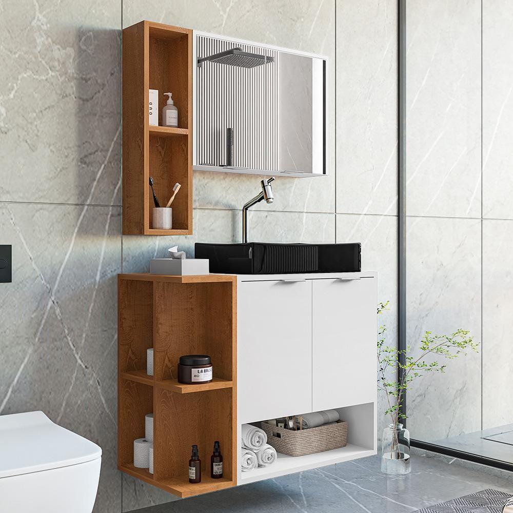 Gabinete Banheiro Star Com Espelheira E Cuba Dalla Preta Branco/naturale - 1