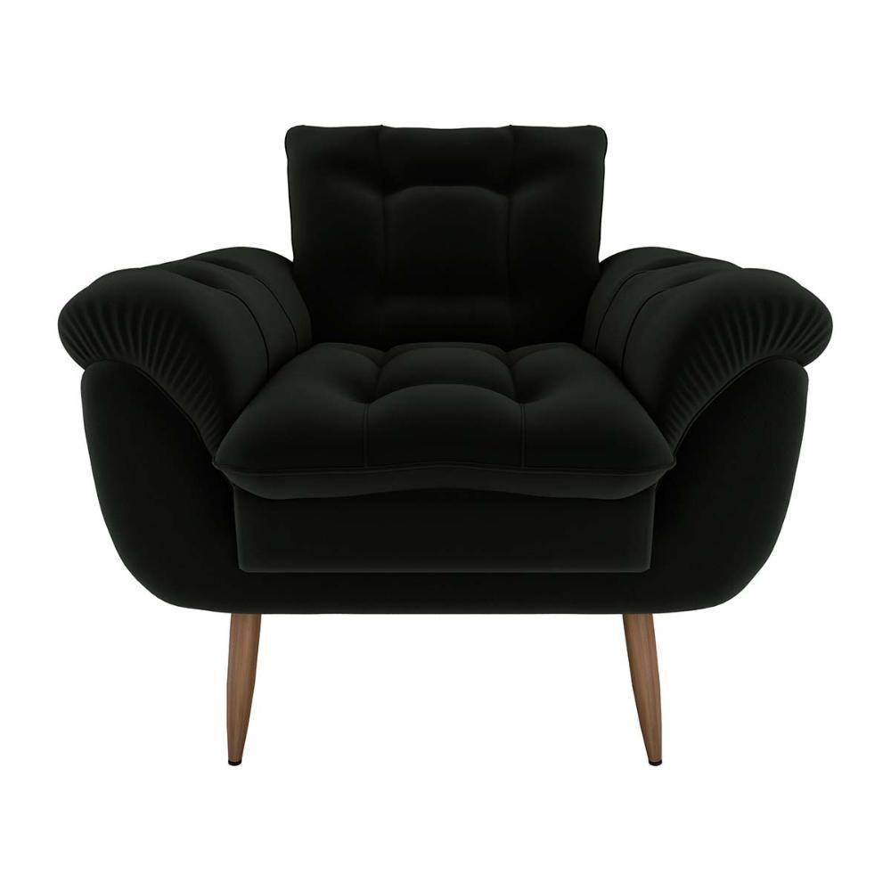 Poltrona Decorativa Confortável Pés Em Madeira Maciça Xangai Veludo Preto Matrix Veludo Preto - 2