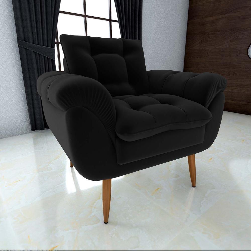 Poltrona Decorativa Confortável Pés Em Madeira Maciça Xangai Veludo Preto Matrix Veludo Preto - 3