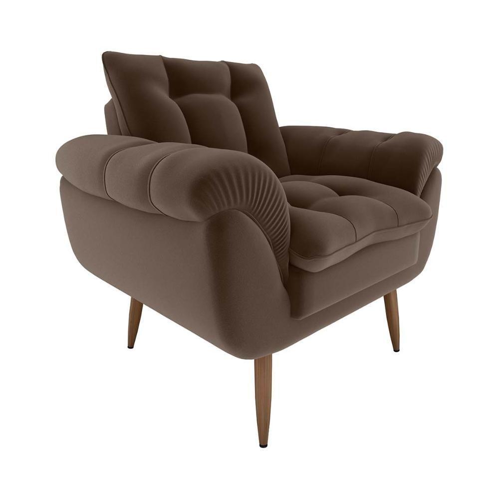Poltrona Decorativa Confortável Pés Em Madeira Maciça Xangai Veludo Marrom Matrix Veludo Marrom - 1