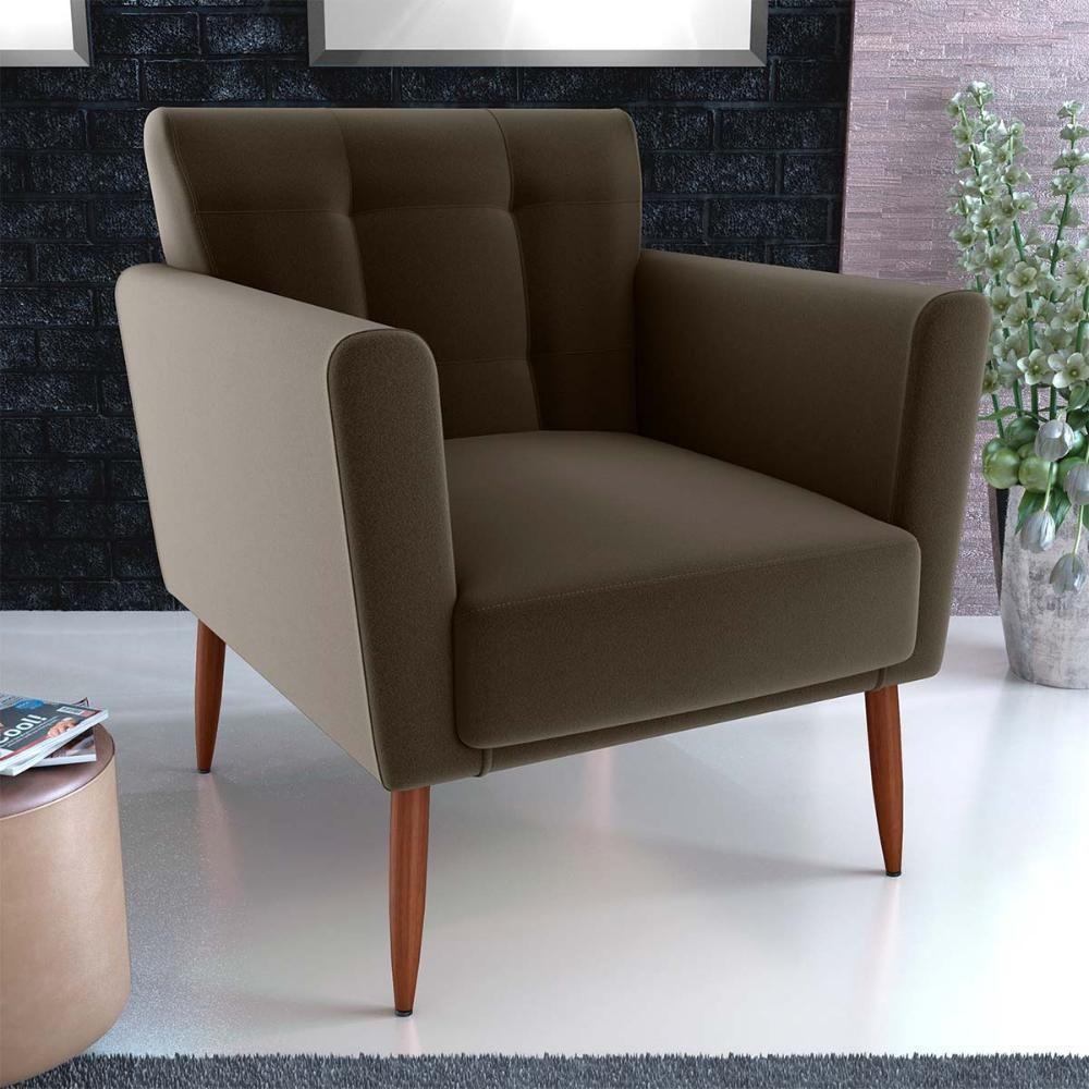 Poltrona Decorativa Confortável Pés Em Madeira Maciça Cancun Veludo Marrom Matrix Veludo Marrom - 5