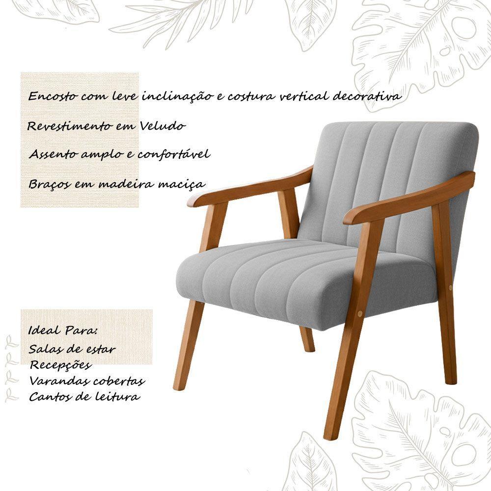 Kit 2 Poltronas Decorativa Com Braço Em Madeira Maciça Livia Veludo Cinza - 3