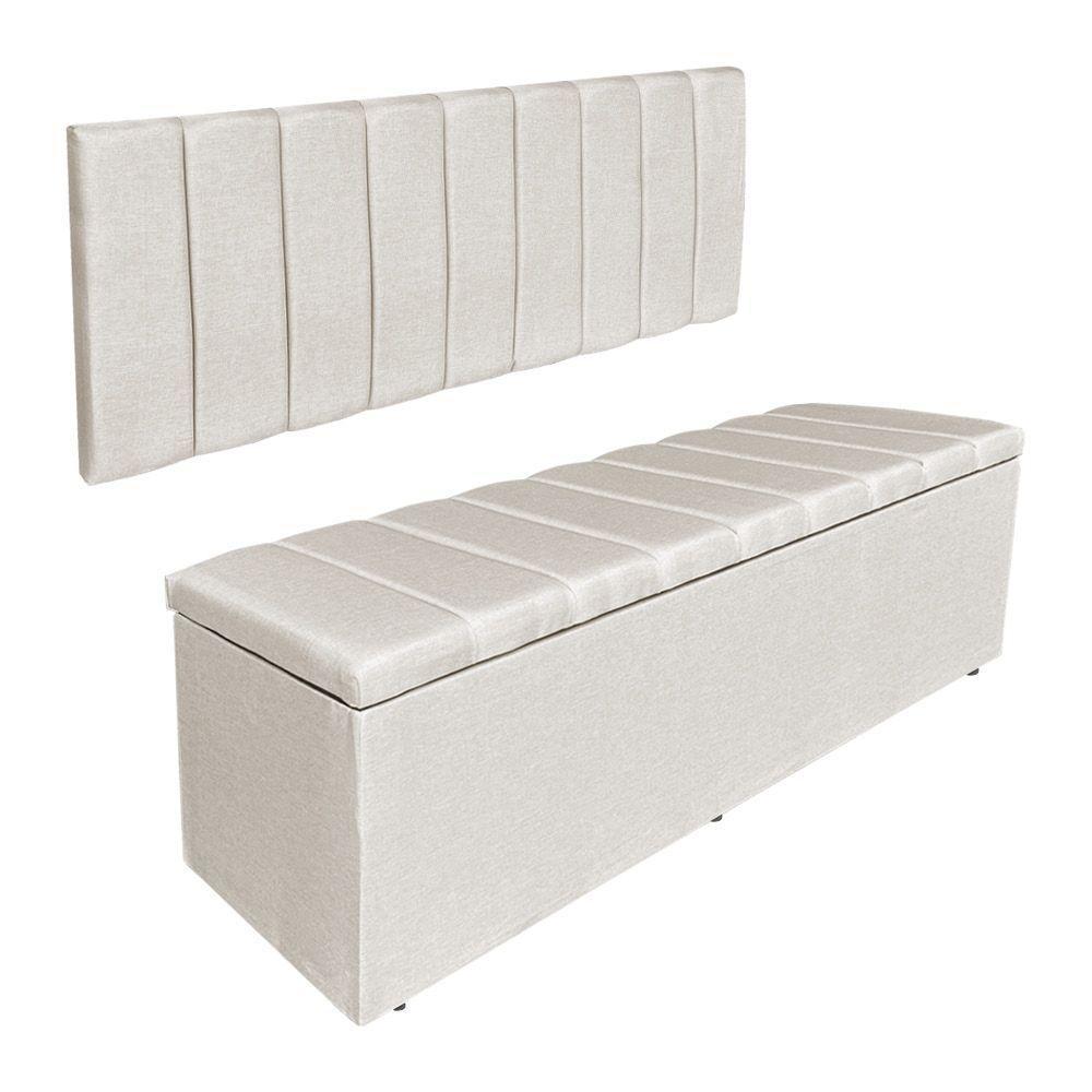 Kit Cabeceira Painel E Calçadeira Baú Casal King 1,95m Londres Linho Bege Dal Poz Estofados - 1