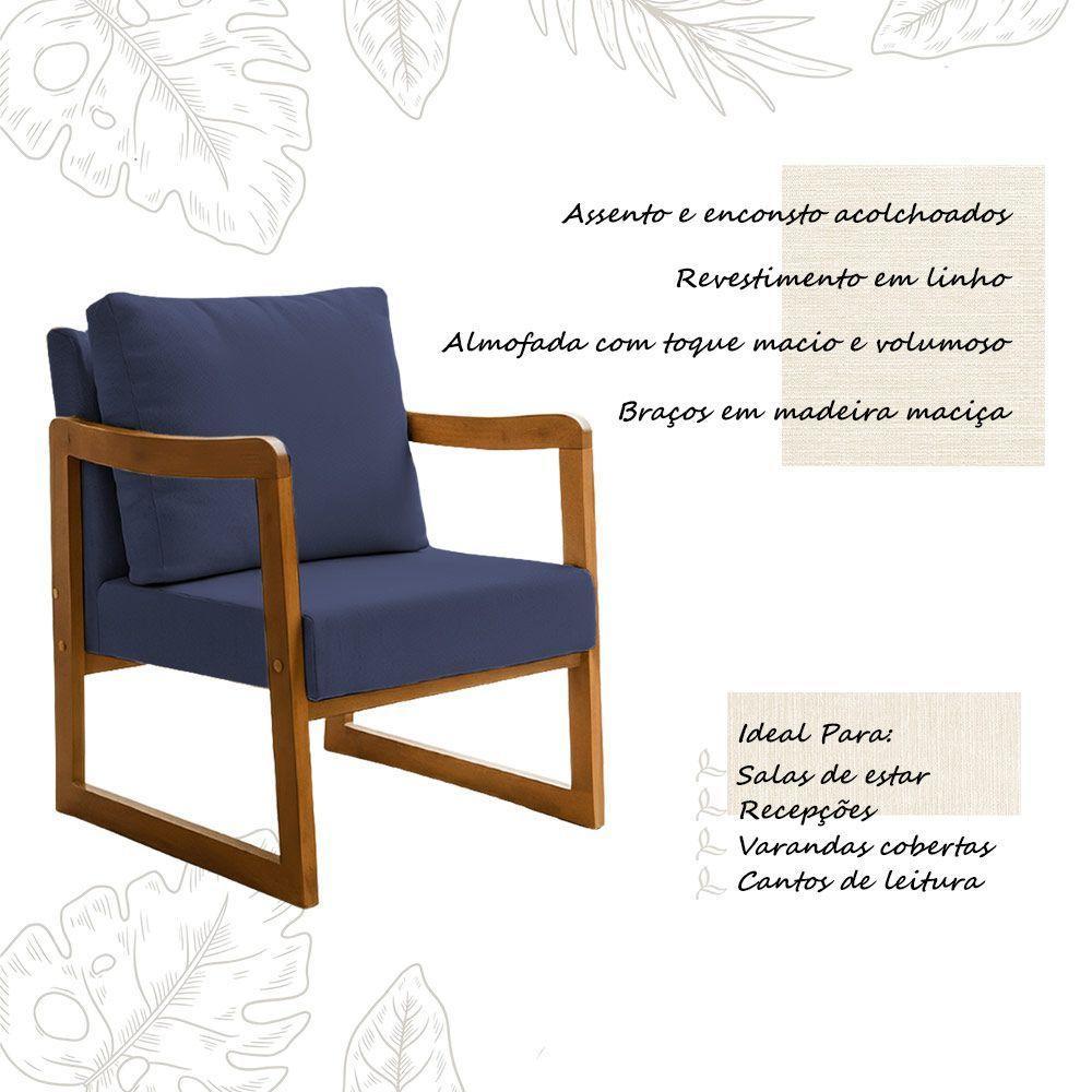Kit 2 Poltronas Decorativa Com Braço Em Madeira Maciça Alice Linho Azul - 3
