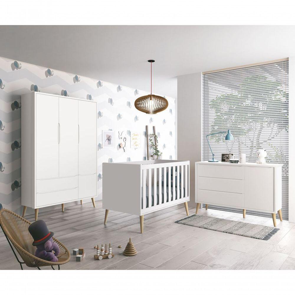 Jogo De Quarto Para Bebê Completo 3 Portas Théo New Branco Fosco Com Natural - Reller - 1