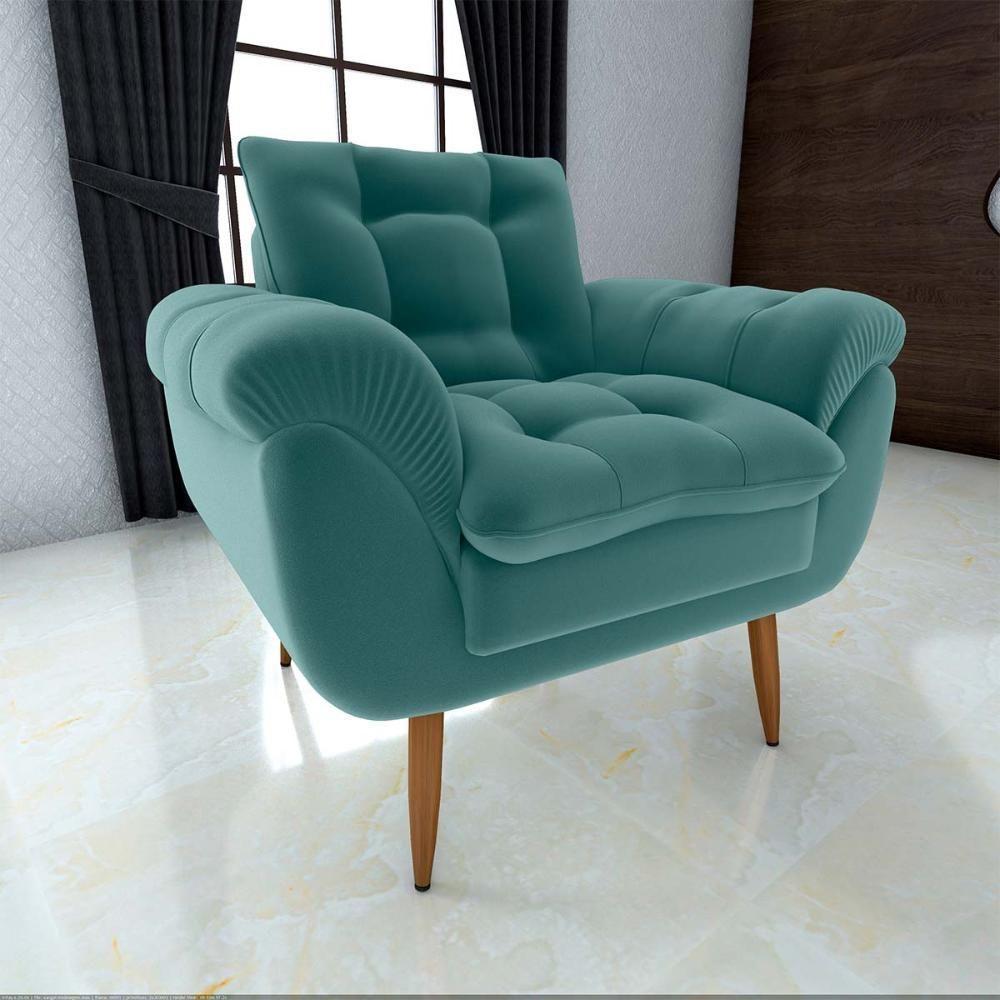 Poltrona Decorativa Confortável Pés Em Madeira Maciça Xangai Veludo Verde Menta Matrix Veludo Verde Menta - 2