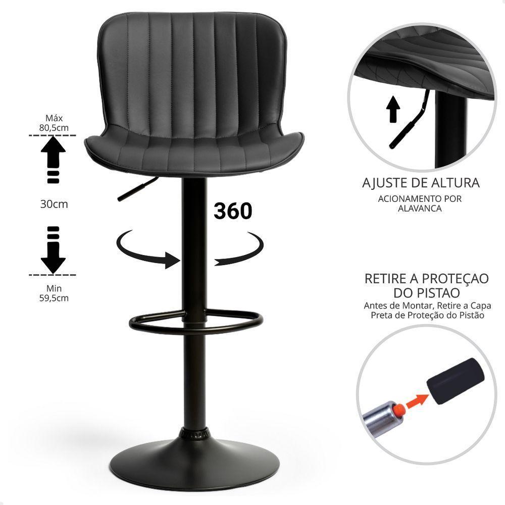 Kit 02 Banqueta Giratória Alta Encosto Bancada Cozinha Bar Preto - 5