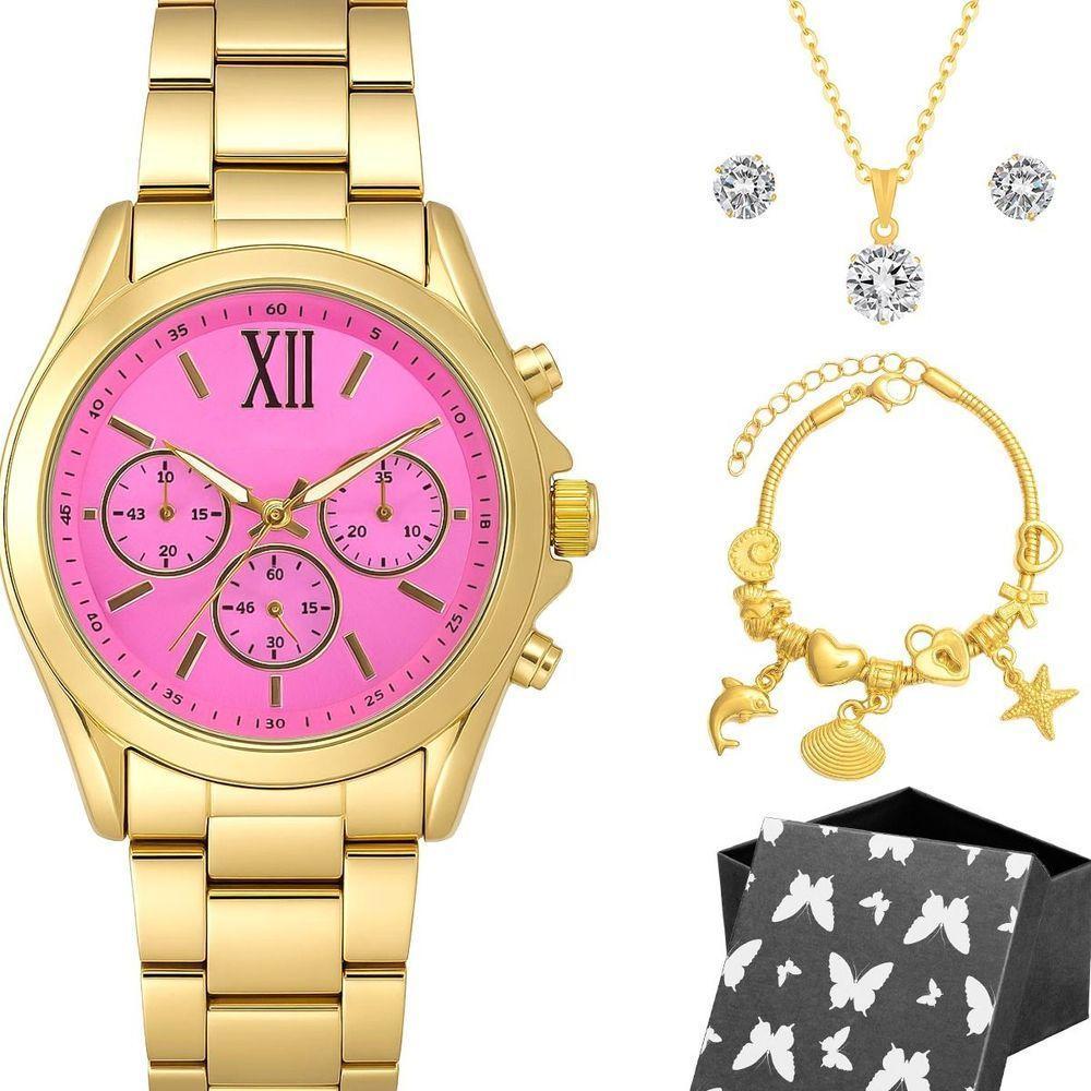 Relogio Banhado Infantil Aco Inox + Pulseira Oculos + Caixa Moda Losango Original Pingente Casual - 1