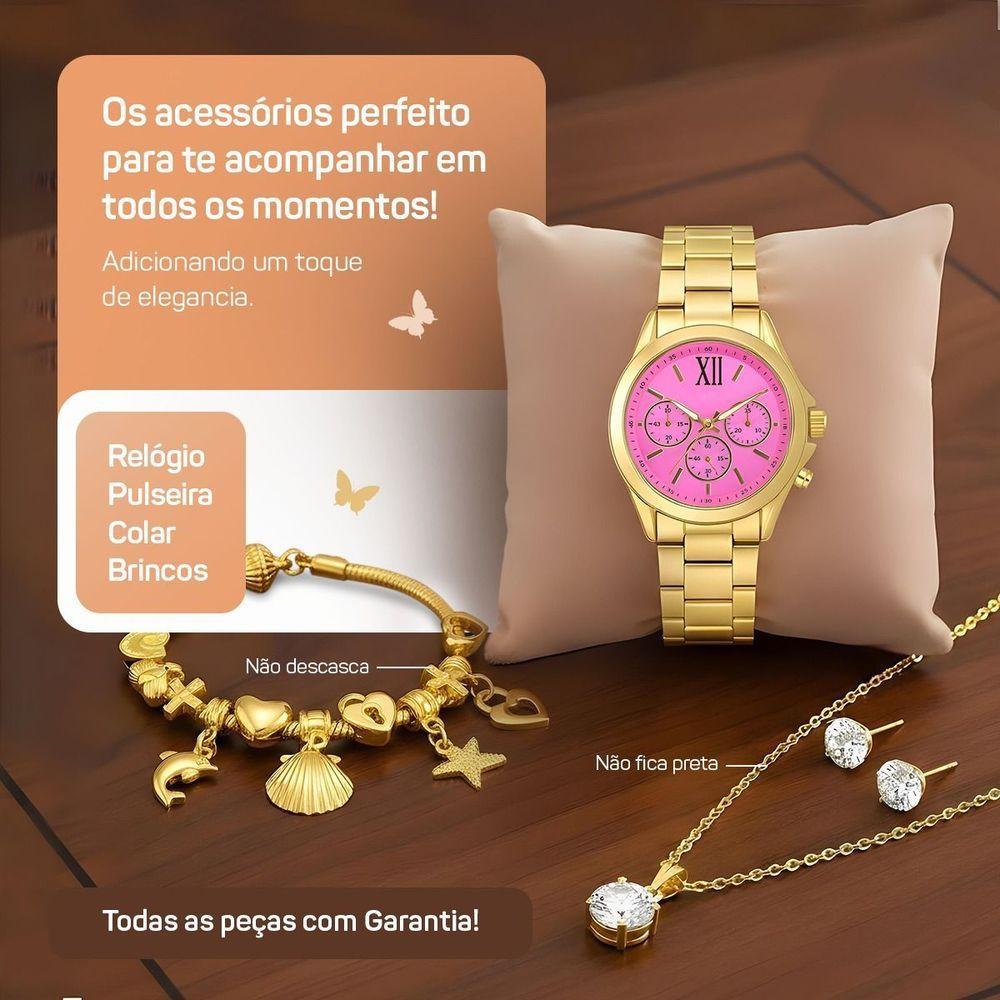 Relogio Banhado Infantil Aco Inox + Pulseira Oculos + Caixa Moda Losango Original Pingente Casual - 4