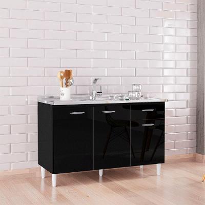 Balcão Para Pia A435 120cm Com 3 Portas 1 Gaveta Poquema Preto