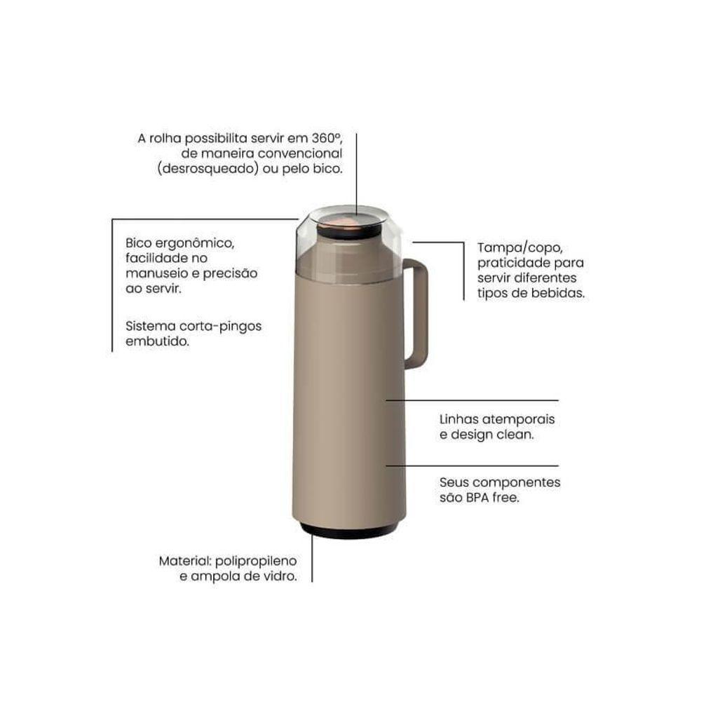 Garrafa Térmica Tramontina Exata Bege Com Ampola De Vidro 1 Litro - 3