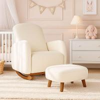 Poltrona Amamentação Balanço Madeira E Puff Jhessy Bouclê R04 - D'rossi Bege - 1