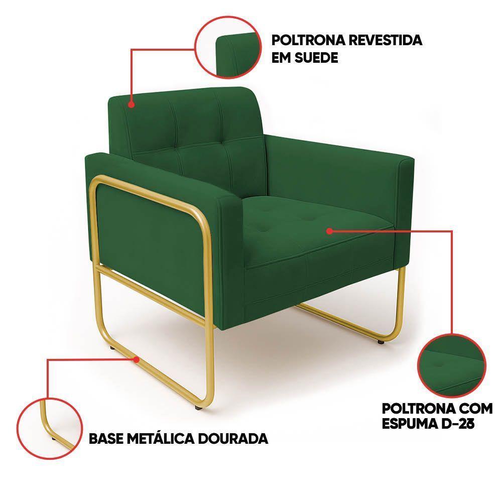 Poltrona Sala Industrial Alta Tubo Dourado Elisa Suede D03 - D'rossi Verde - 3