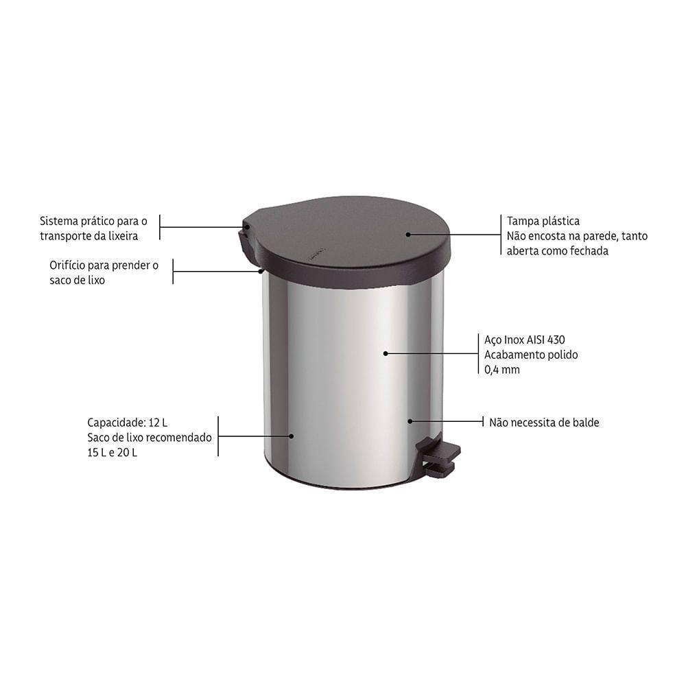 Lixeira Tramontina New Com Pedal 12l Redonda Inox Polido Aço Inox Polido - 5